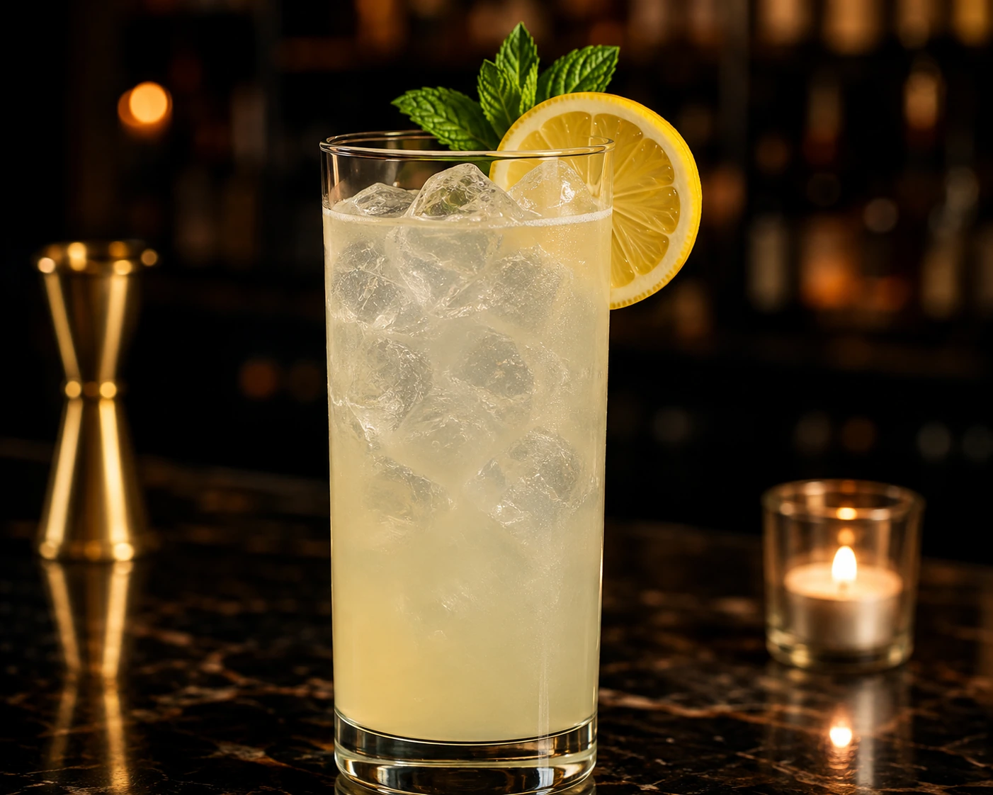 Main Squeeze signature cocktail in a tall glass with lemon and mint